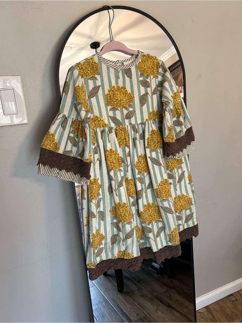 Striped Green and Yellow Floral Cotton Dress with Brown Trim for Girls